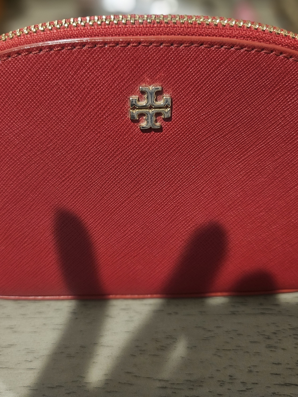Tory Burch Red Saffiano Half-Moon Cosmetic Case with Gold Logo